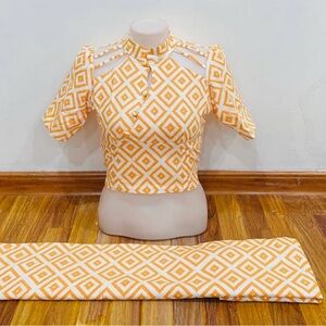 Orange and White Geometric Top and Skirt Set